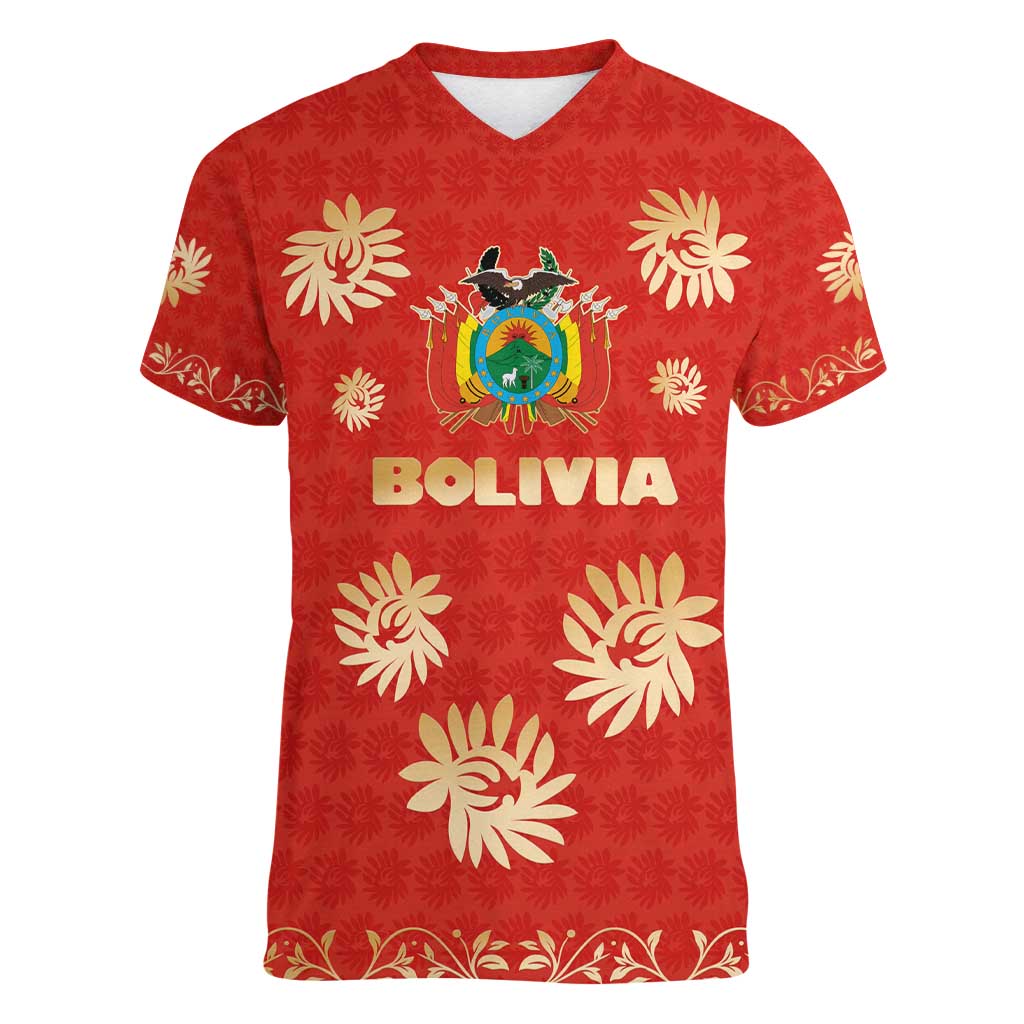 Bolivia National Emblem Women V-Neck T-Shirt with Floral Pattern and Red Folk Design