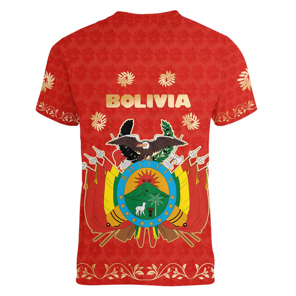 Bolivia National Emblem Women V-Neck T-Shirt with Floral Pattern and Red Folk Design