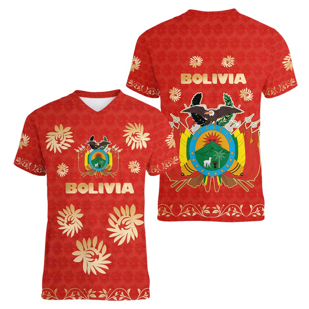 Bolivia National Emblem Women V-Neck T-Shirt with Floral Pattern and Red Folk Design