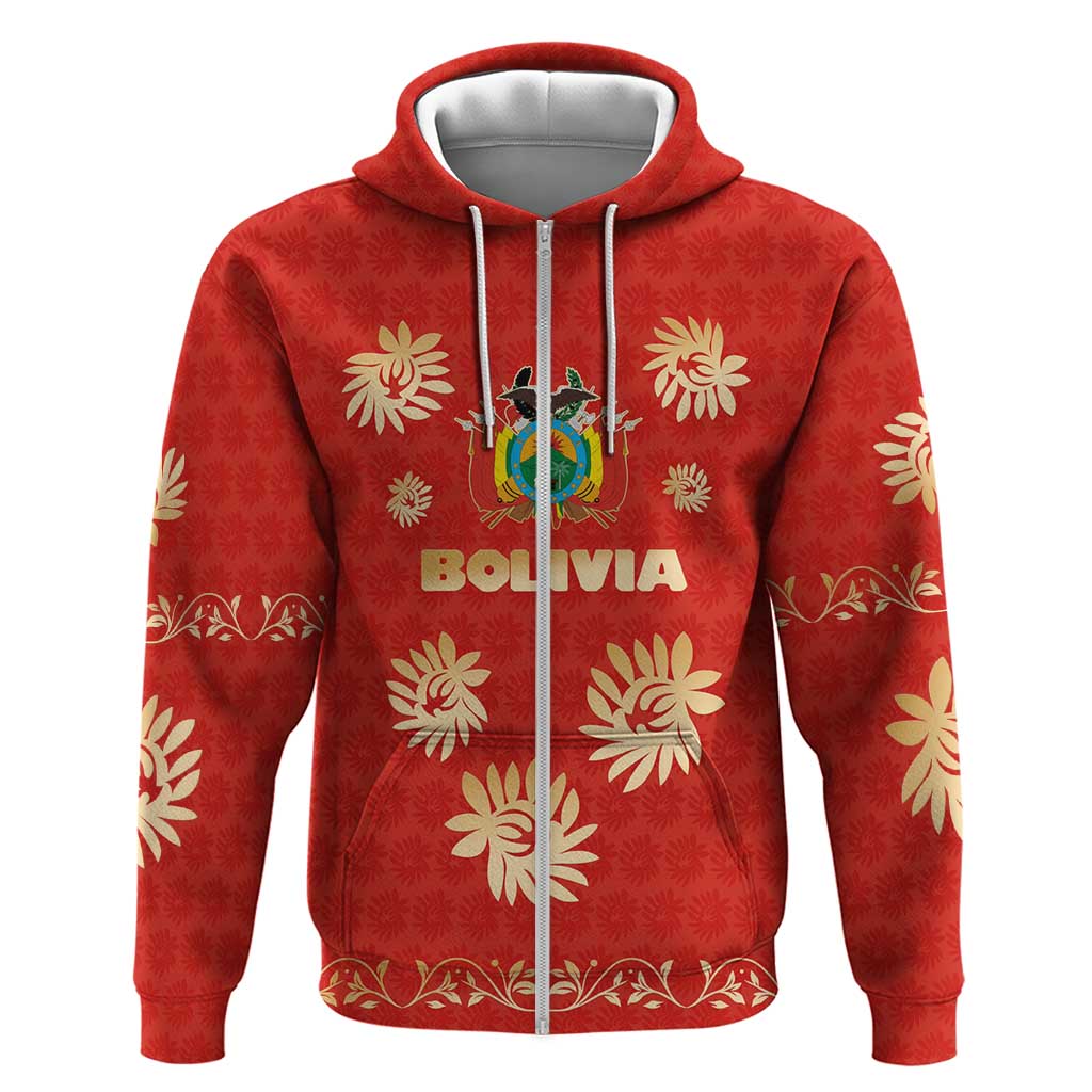 Bolivia National Emblem Zip Hoodie with Floral Pattern and Red Folk Design