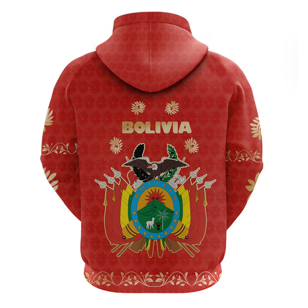 Bolivia National Emblem Zip Hoodie with Floral Pattern and Red Folk Design