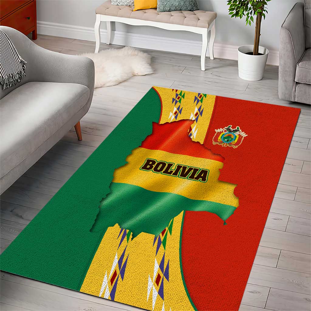 Bolivia Flag Color Area Rug with National Crest, Andean Pattern and Condor Graphic