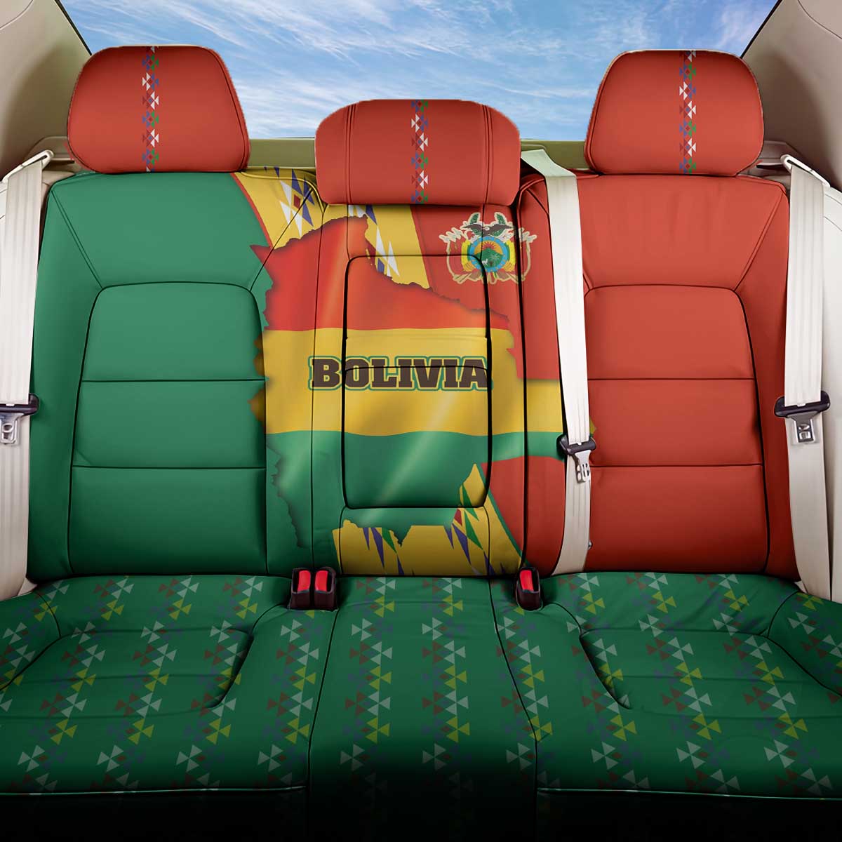 Bolivia Flag Color Back Car Seat Cover with National Crest, Andean Pattern and Condor Graphic