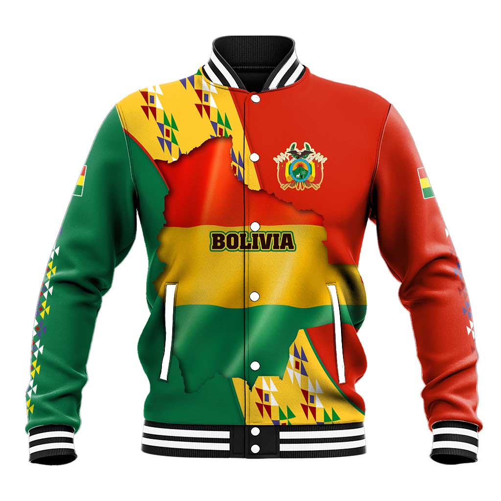 Bolivia Flag Color Baseball Jacket with National Crest, Andean Pattern and Condor Graphic
