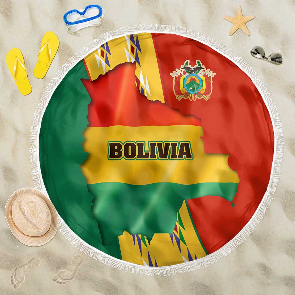 Bolivia Flag Color Beach Blanket with National Crest, Andean Pattern and Condor Graphic