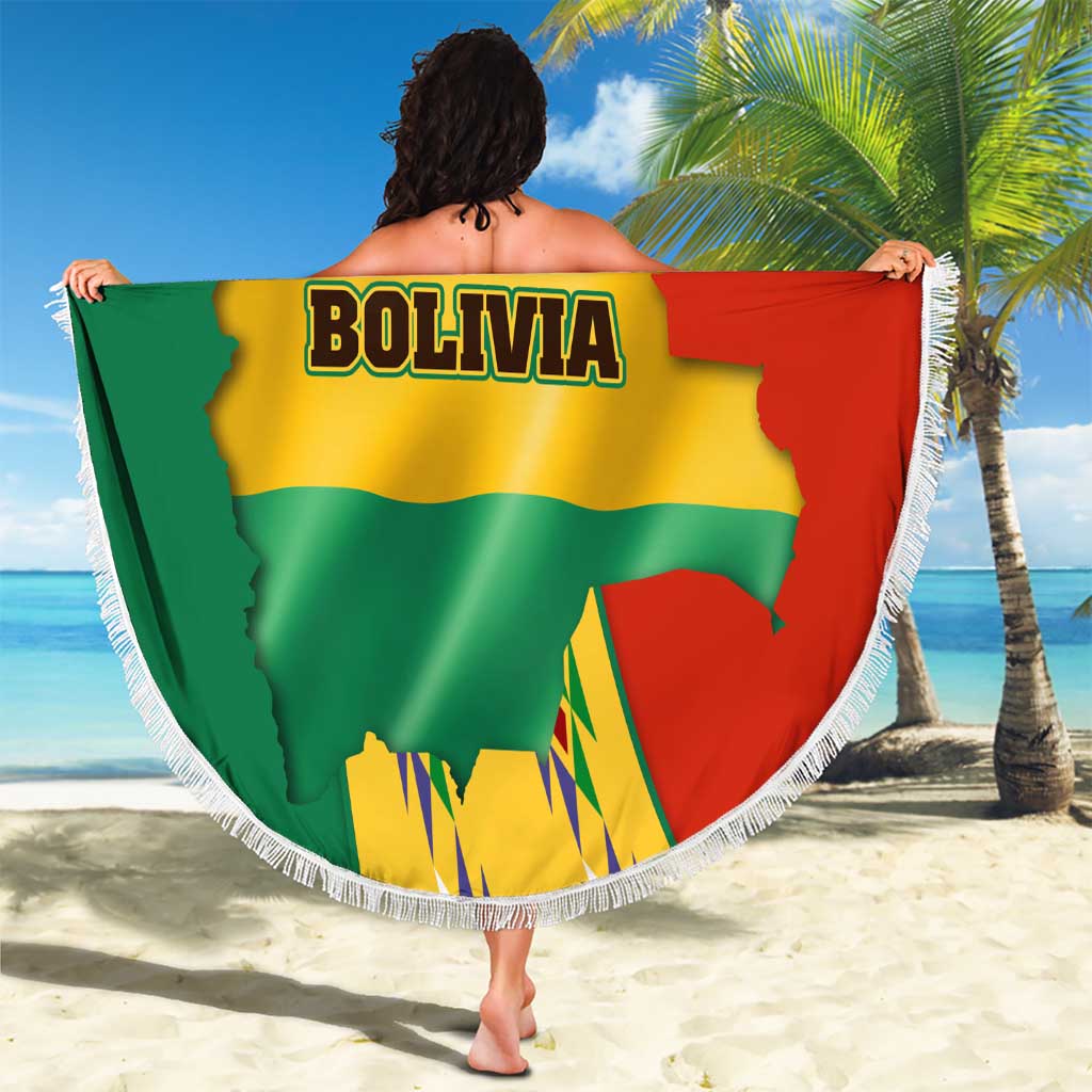 Bolivia Flag Color Beach Blanket with National Crest, Andean Pattern and Condor Graphic