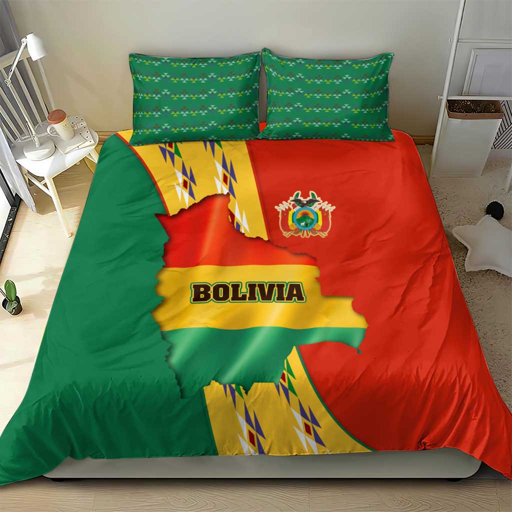 Bolivia Flag Color Bedding Set with National Crest, Andean Pattern and Condor Graphic