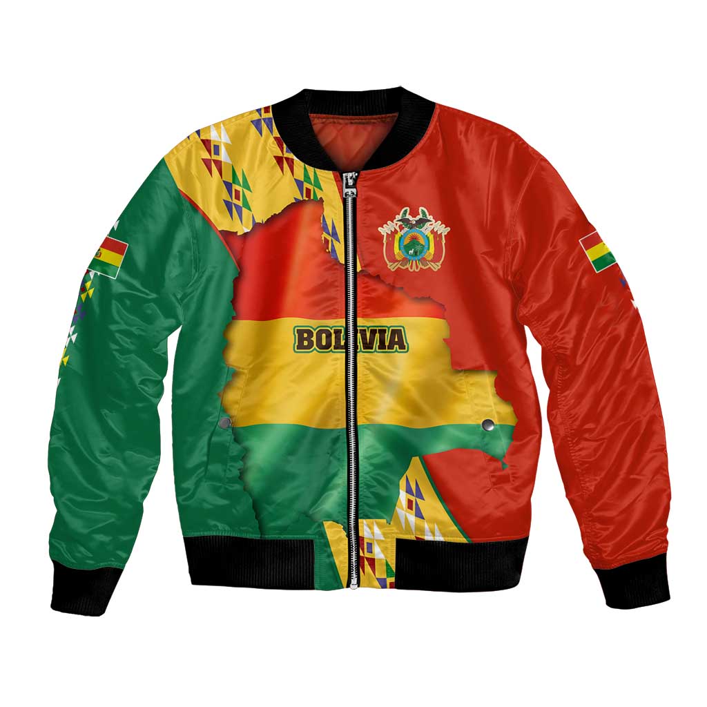 Bolivia Flag Color Bomber Jacket with National Crest, Andean Pattern and Condor Graphic