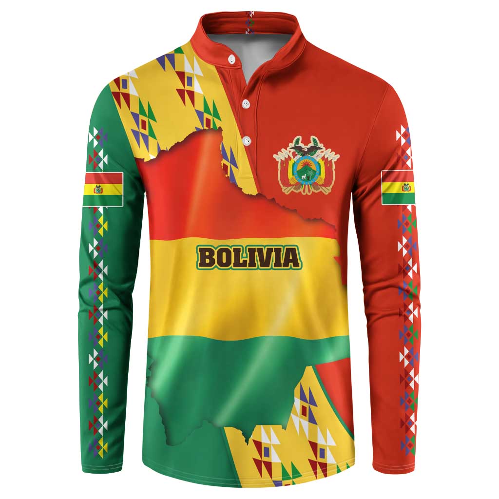 Bolivia Flag Color Button Sweatshirt with National Crest, Andean Pattern and Condor Graphic