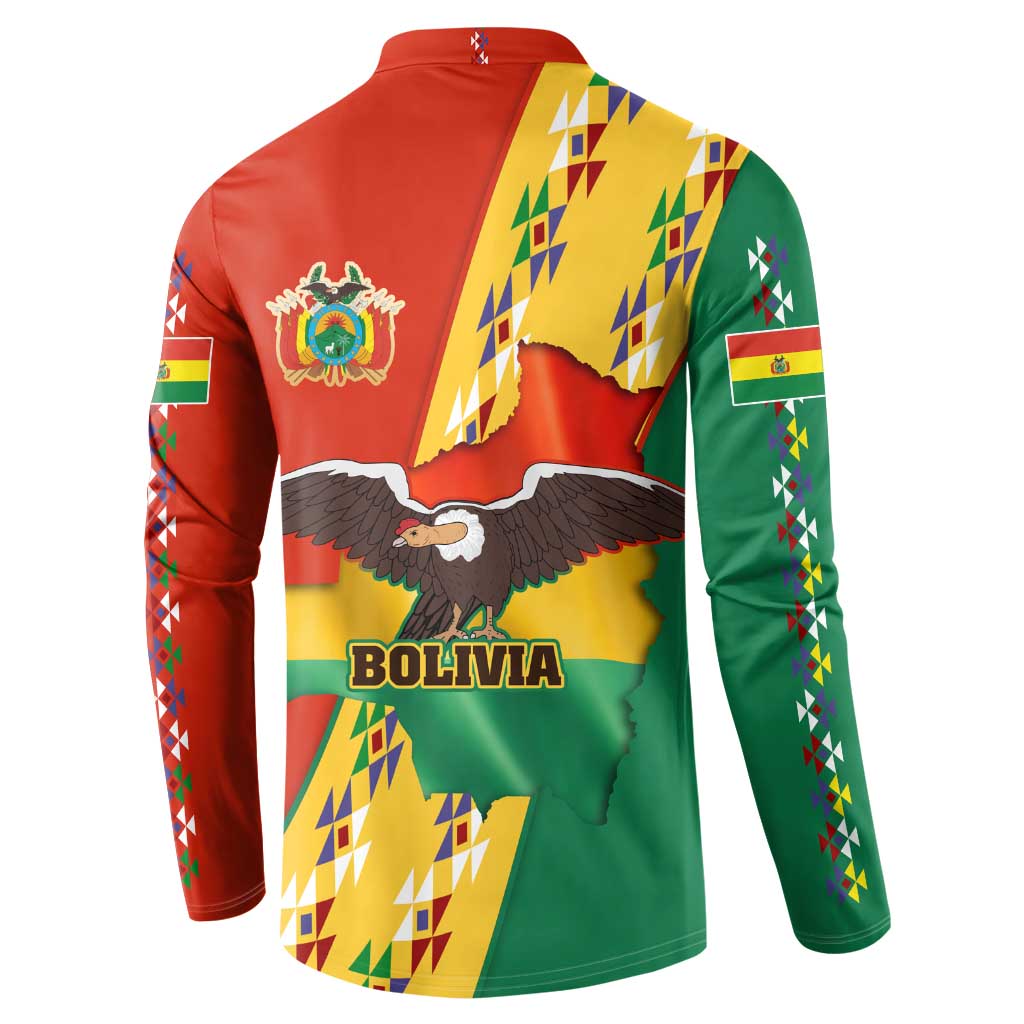 Bolivia Flag Color Button Sweatshirt with National Crest, Andean Pattern and Condor Graphic