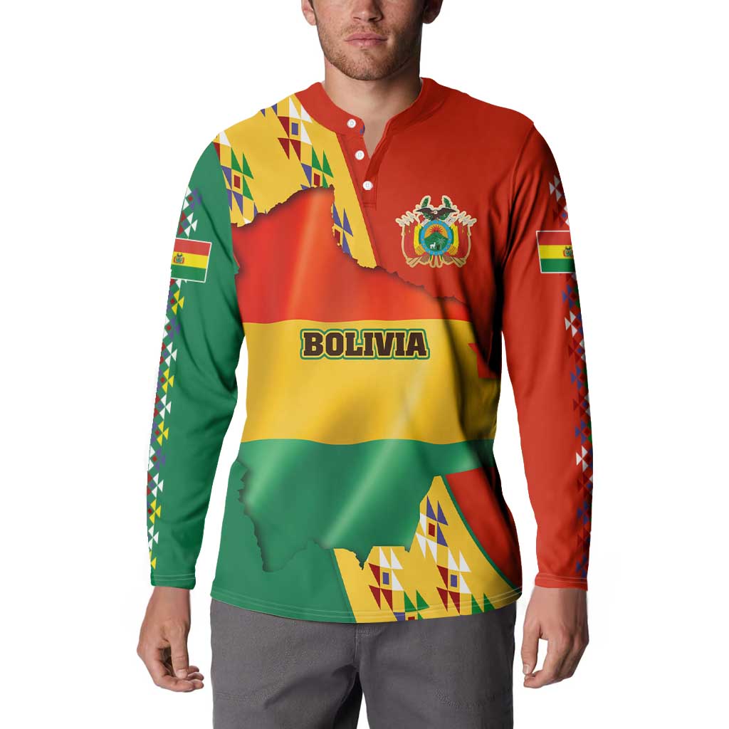 Bolivia Flag Color Button Sweatshirt with National Crest, Andean Pattern and Condor Graphic