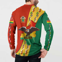 Bolivia Flag Color Button Sweatshirt with National Crest, Andean Pattern and Condor Graphic