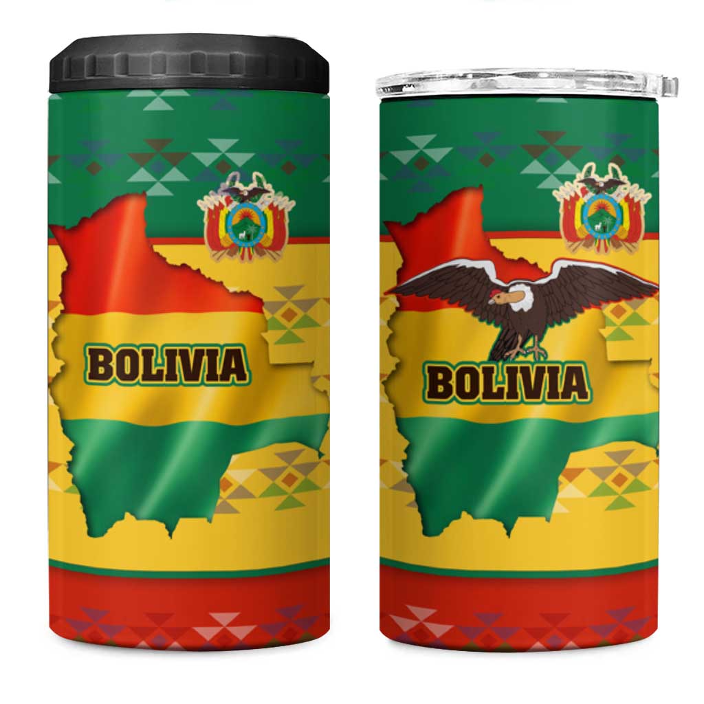 Bolivia Flag Color 4 in 1 Can Cooler Tumbler with National Crest, Andean Pattern and Condor Graphic