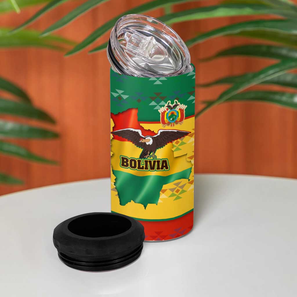 Bolivia Flag Color 4 in 1 Can Cooler Tumbler with National Crest, Andean Pattern and Condor Graphic