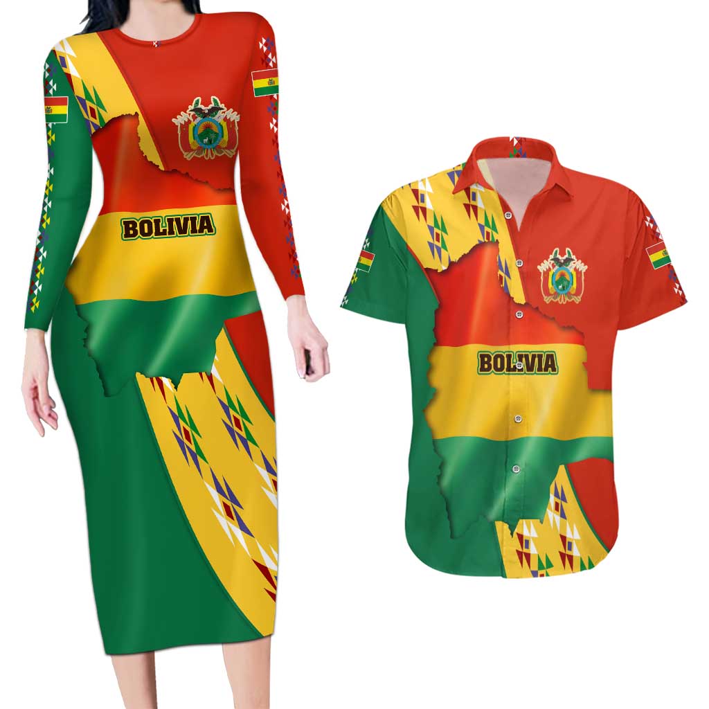 Bolivia Flag Color Couples Matching Long Sleeve Bodycon Dress and Hawaiian Shirt with National Crest, Andean Pattern and Condor Graphic