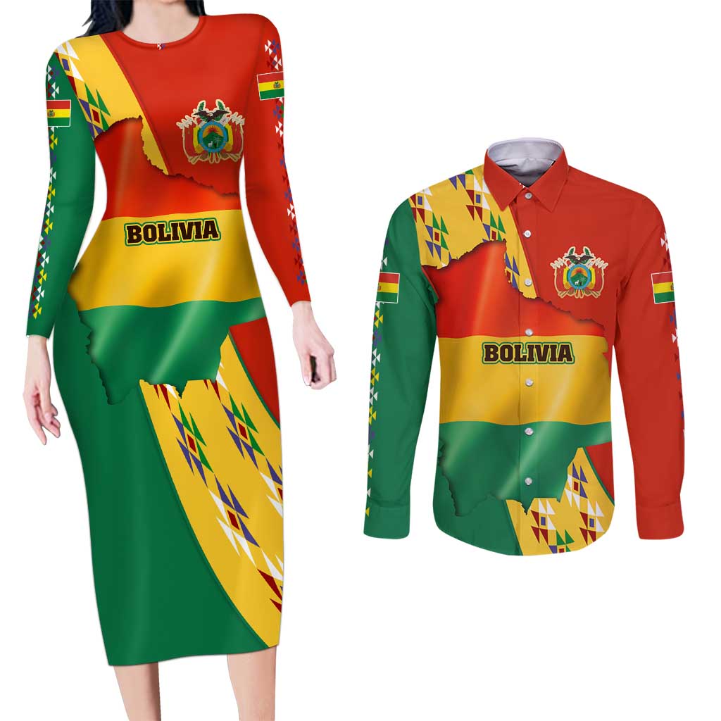 Bolivia Flag Color Couples Matching Long Sleeve Bodycon Dress and Long Sleeve Button Shirt with National Crest, Andean Pattern and Condor Graphic