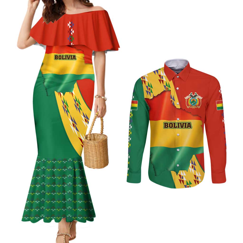 Bolivia Flag Color Couples Matching Mermaid Dress and Long Sleeve Button Shirt with National Crest, Andean Pattern and Condor Graphic