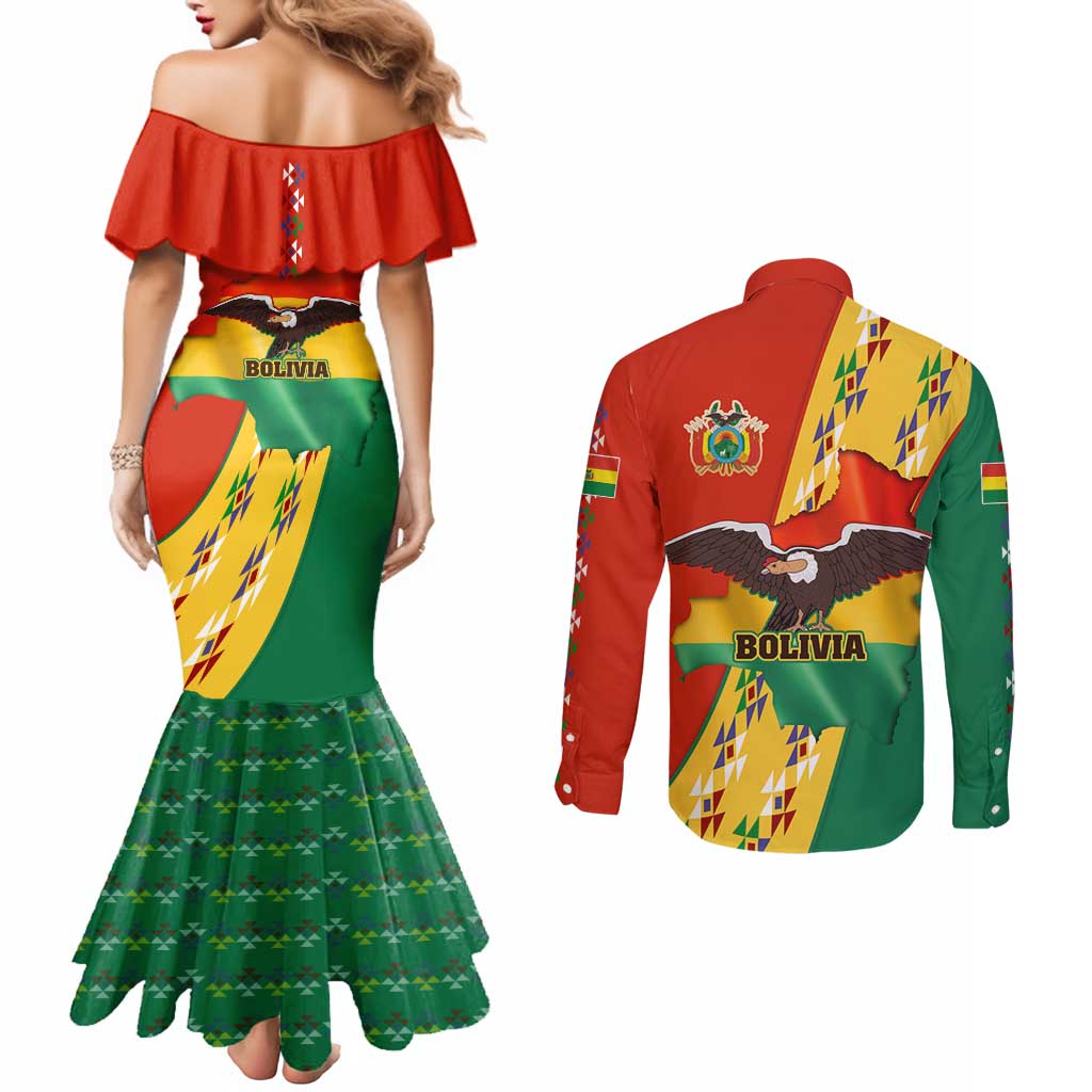 Bolivia Flag Color Couples Matching Mermaid Dress and Long Sleeve Button Shirt with National Crest, Andean Pattern and Condor Graphic