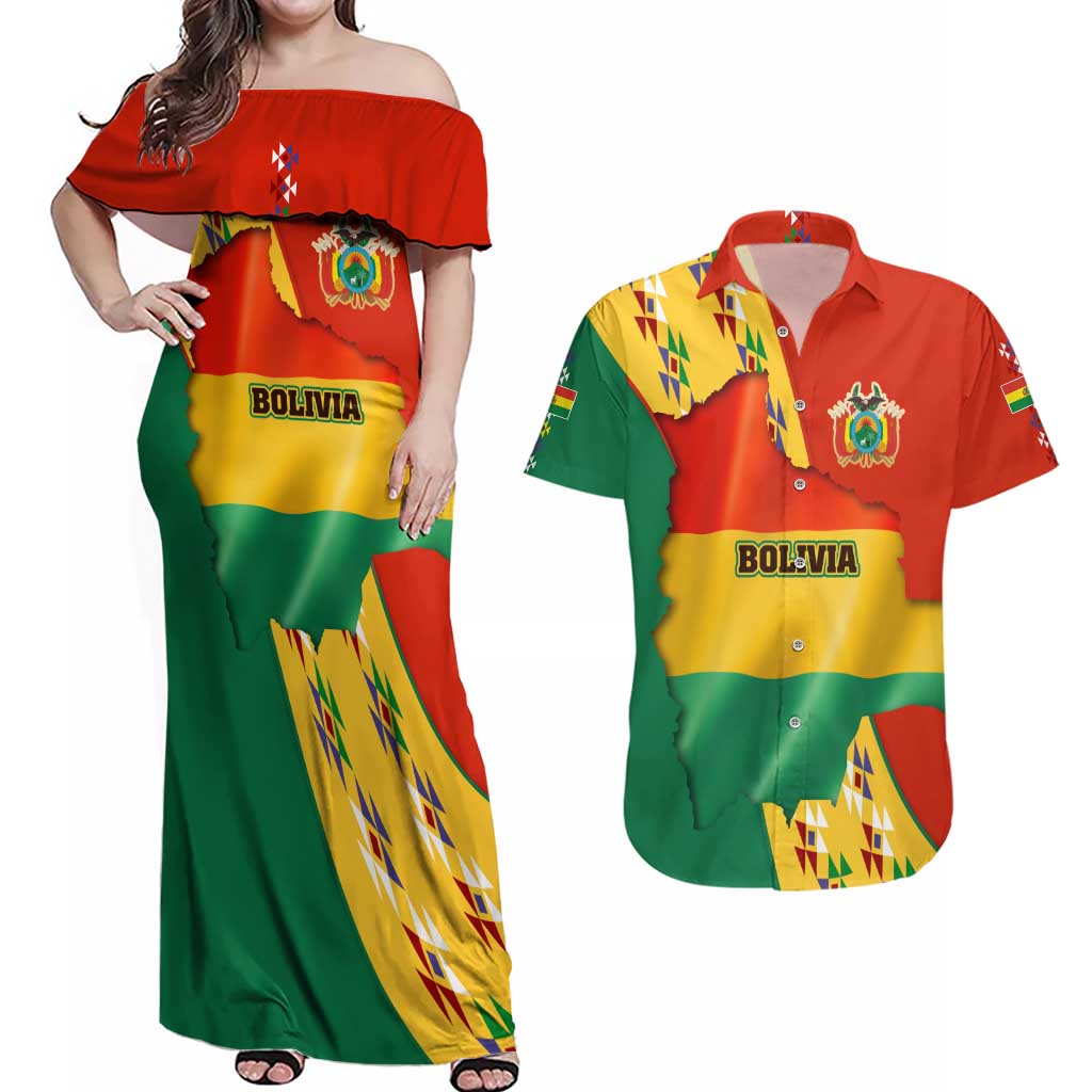 Bolivia Flag Color Couples Matching Off Shoulder Maxi Dress and Hawaiian Shirt with National Crest, Andean Pattern and Condor Graphic