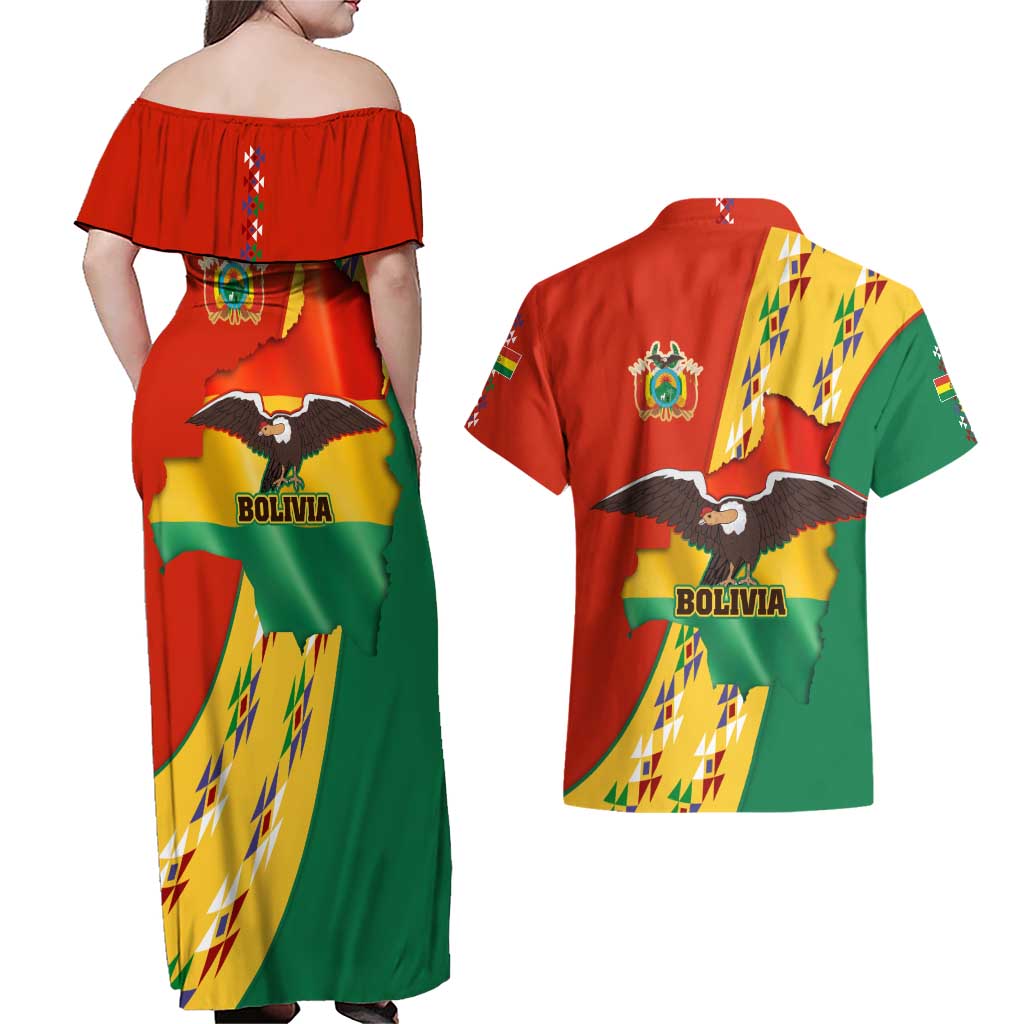 Bolivia Flag Color Couples Matching Off Shoulder Maxi Dress and Hawaiian Shirt with National Crest, Andean Pattern and Condor Graphic