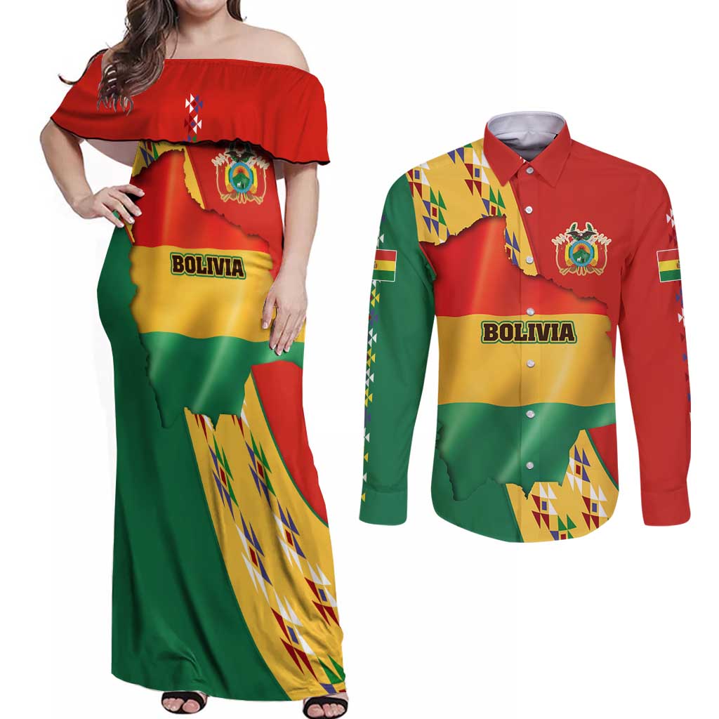 Bolivia Flag Color Couples Matching Off Shoulder Maxi Dress and Long Sleeve Button Shirt with National Crest, Andean Pattern and Condor Graphic