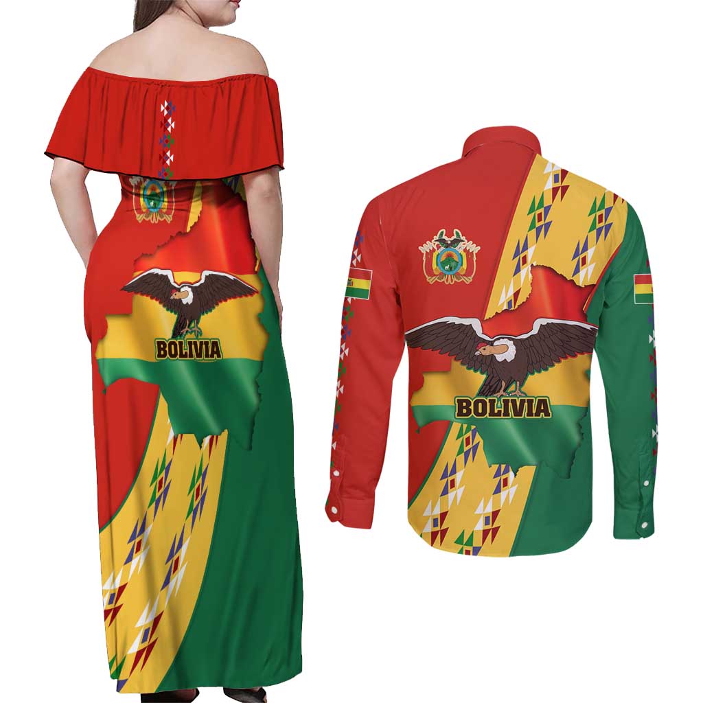 Bolivia Flag Color Couples Matching Off Shoulder Maxi Dress and Long Sleeve Button Shirt with National Crest, Andean Pattern and Condor Graphic
