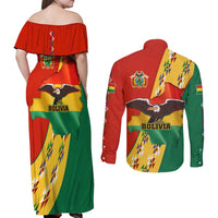 Bolivia Flag Color Couples Matching Off Shoulder Maxi Dress and Long Sleeve Button Shirt with National Crest, Andean Pattern and Condor Graphic