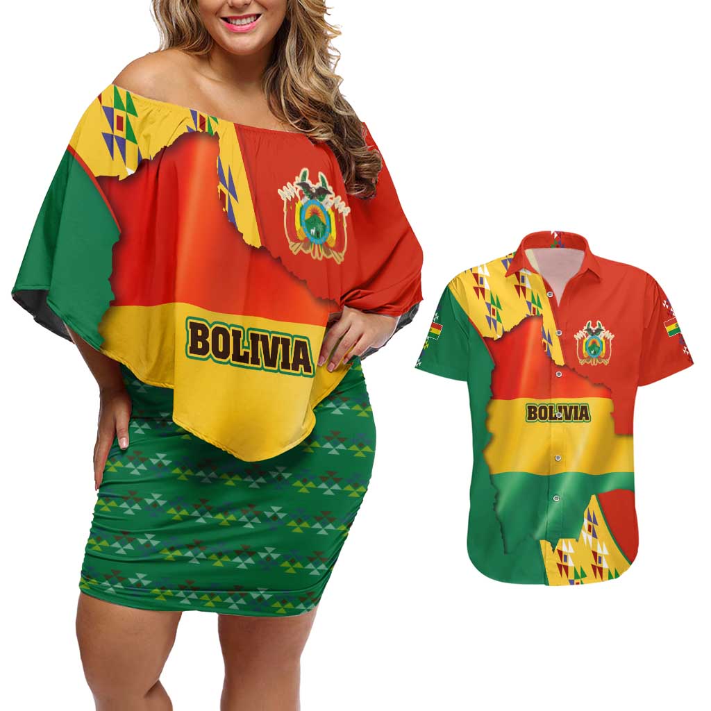Bolivia Flag Color Couples Matching Off Shoulder Short Dress and Hawaiian Shirt with National Crest, Andean Pattern and Condor Graphic
