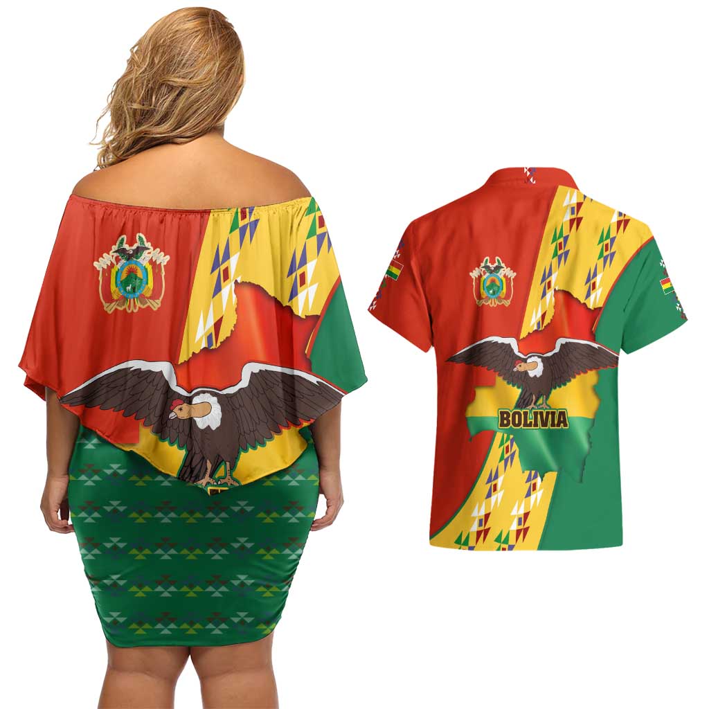 Bolivia Flag Color Couples Matching Off Shoulder Short Dress and Hawaiian Shirt with National Crest, Andean Pattern and Condor Graphic