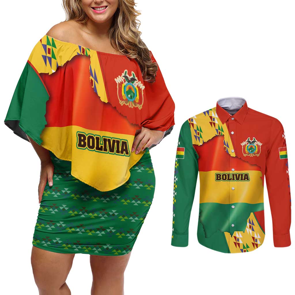 Bolivia Flag Color Couples Matching Off Shoulder Short Dress and Long Sleeve Button Shirt with National Crest, Andean Pattern and Condor Graphic