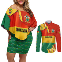 Bolivia Flag Color Couples Matching Off Shoulder Short Dress and Long Sleeve Button Shirt with National Crest, Andean Pattern and Condor Graphic