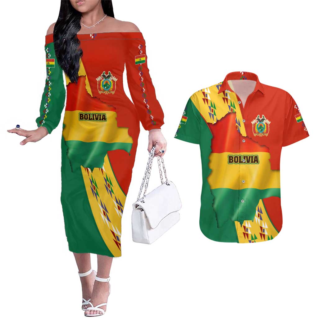 Bolivia Flag Color Couples Matching Off The Shoulder Long Sleeve Dress and Hawaiian Shirt with National Crest, Andean Pattern and Condor Graphic