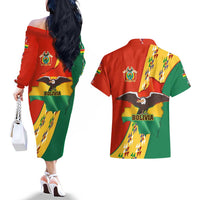 Bolivia Flag Color Couples Matching Off The Shoulder Long Sleeve Dress and Hawaiian Shirt with National Crest, Andean Pattern and Condor Graphic