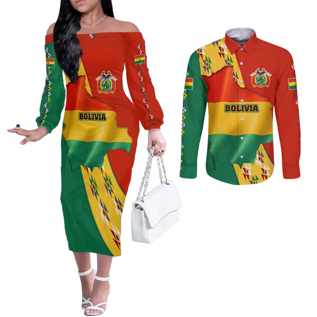 Bolivia Flag Color Couples Matching Off The Shoulder Long Sleeve Dress and Long Sleeve Button Shirt with National Crest, Andean Pattern and Condor Graphic