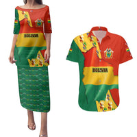 Bolivia Flag Color Couples Matching Puletasi and Hawaiian Shirt with National Crest, Andean Pattern and Condor Graphic