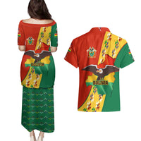 Bolivia Flag Color Couples Matching Puletasi and Hawaiian Shirt with National Crest, Andean Pattern and Condor Graphic