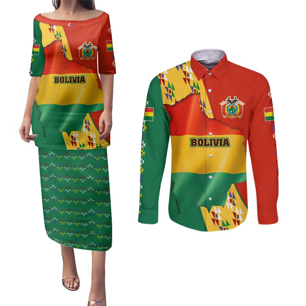Bolivia Flag Color Couples Matching Puletasi and Long Sleeve Button Shirt with National Crest, Andean Pattern and Condor Graphic