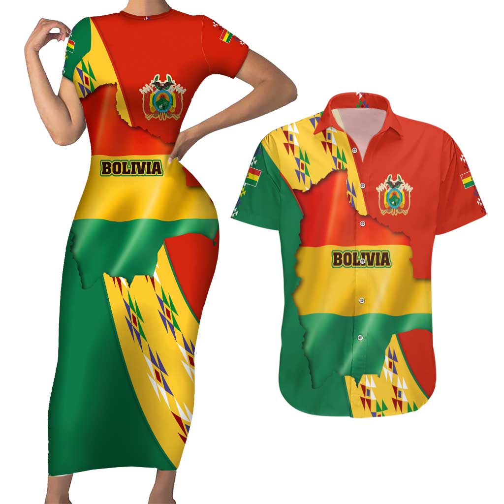 Bolivia Flag Color Couples Matching Short Sleeve Bodycon Dress and Hawaiian Shirt with National Crest, Andean Pattern and Condor Graphic