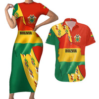 Bolivia Flag Color Couples Matching Short Sleeve Bodycon Dress and Hawaiian Shirt with National Crest, Andean Pattern and Condor Graphic