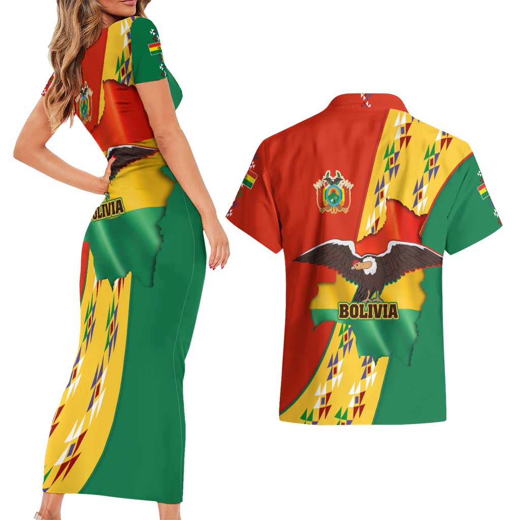 Bolivia Flag Color Couples Matching Short Sleeve Bodycon Dress and Hawaiian Shirt with National Crest, Andean Pattern and Condor Graphic