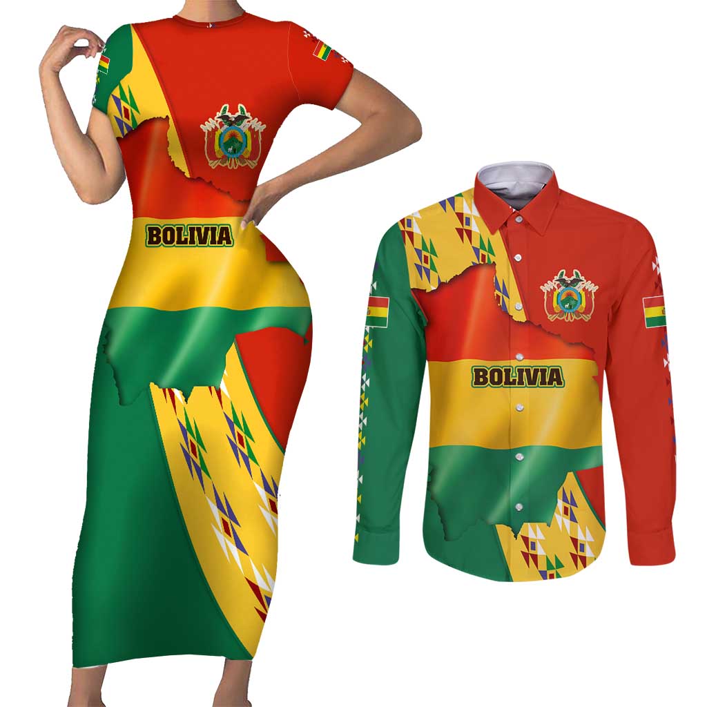 Bolivia Flag Color Couples Matching Short Sleeve Bodycon Dress and Long Sleeve Button Shirt with National Crest, Andean Pattern and Condor Graphic