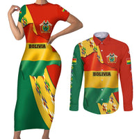 Bolivia Flag Color Couples Matching Short Sleeve Bodycon Dress and Long Sleeve Button Shirt with National Crest, Andean Pattern and Condor Graphic