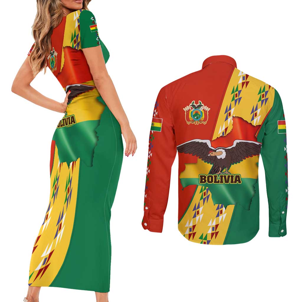 Bolivia Flag Color Couples Matching Short Sleeve Bodycon Dress and Long Sleeve Button Shirt with National Crest, Andean Pattern and Condor Graphic