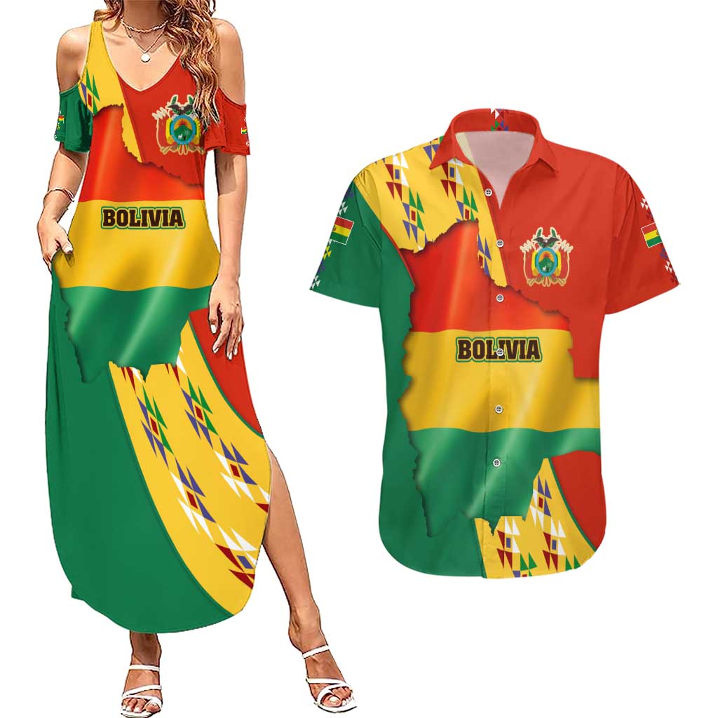 Bolivia Flag Color Couples Matching Summer Maxi Dress and Hawaiian Shirt with National Crest, Andean Pattern and Condor Graphic
