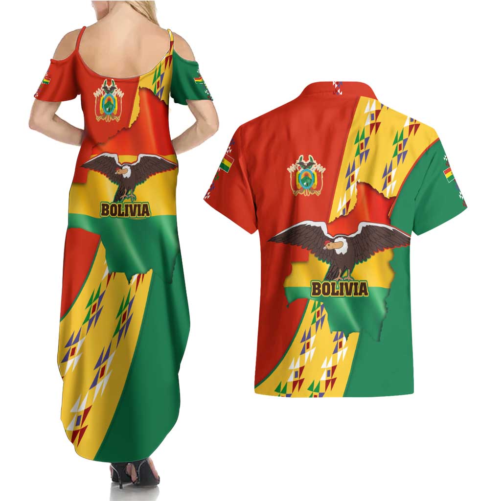 Bolivia Flag Color Couples Matching Summer Maxi Dress and Hawaiian Shirt with National Crest, Andean Pattern and Condor Graphic