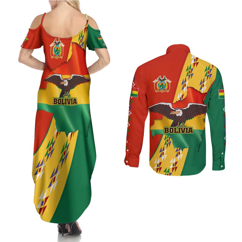 Bolivia Flag Color Couples Matching Summer Maxi Dress and Long Sleeve Button Shirt with National Crest, Andean Pattern and Condor Graphic