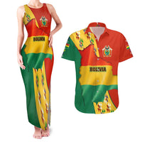 Bolivia Flag Color Couples Matching Tank Maxi Dress and Hawaiian Shirt with National Crest, Andean Pattern and Condor Graphic