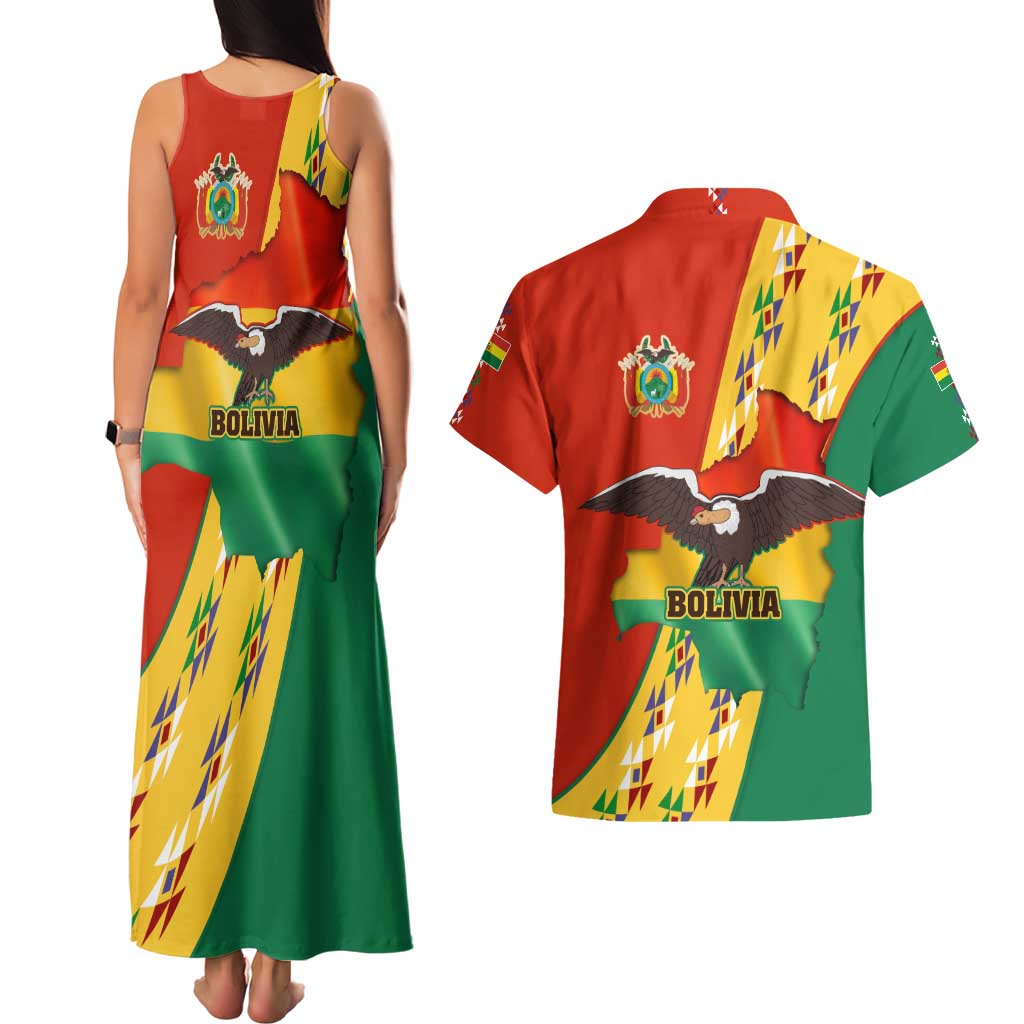 Bolivia Flag Color Couples Matching Tank Maxi Dress and Hawaiian Shirt with National Crest, Andean Pattern and Condor Graphic