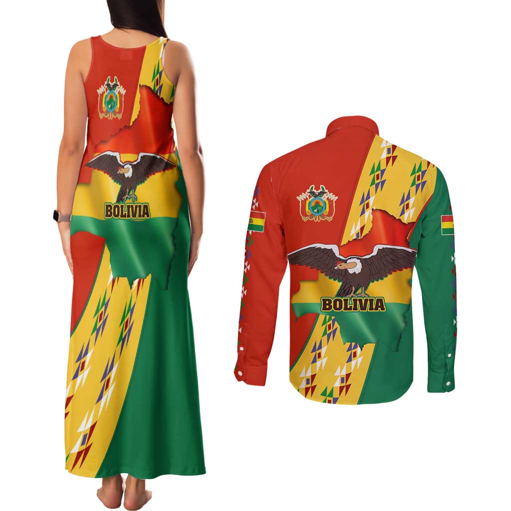 Bolivia Flag Color Couples Matching Tank Maxi Dress and Long Sleeve Button Shirt with National Crest, Andean Pattern and Condor Graphic