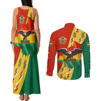 Bolivia Flag Color Couples Matching Tank Maxi Dress and Long Sleeve Button Shirt with National Crest, Andean Pattern and Condor Graphic